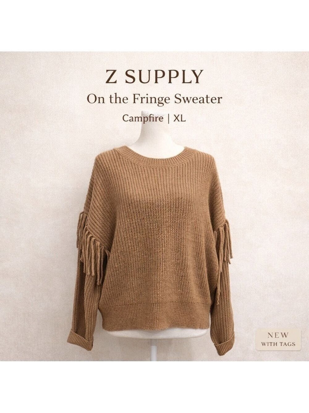 NWT Z Supply Sweater On The Fringe XL Campfire Brown Fringe Knit Pullover NWT